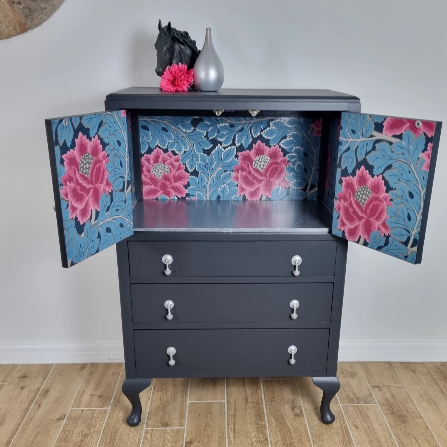 Unknown Off Black Painted Vintage Oak Tallboy Cabinet With Floral Decoupage 9 Unknown Off Black Painted Vintage Oak Tallboy Cabinet With Floral Decoupage - Image 9
