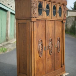 Unknown Old Carved Wood Bookcase Cabinet 3 Doors, Beveled Window Glass, Wooden Furniture -Storage Furniture Sales 2024 old carved wood bookcase cabinet 3 doors beveled window glass wooden furniture sku79412280 0 7 scaled