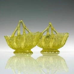 Unknown Pair Antique Davidson Vaseline Lady Chippendale Glass Baskets C1885