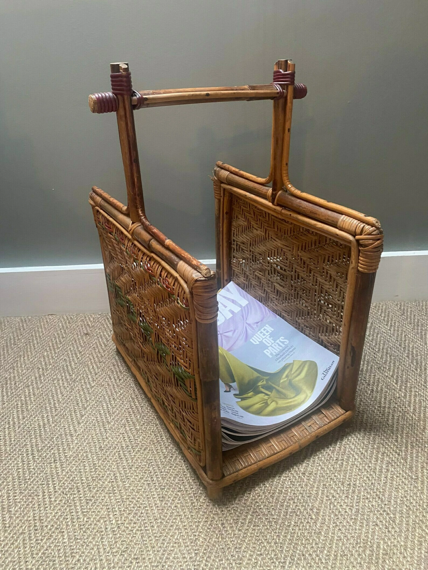 Rare Early 20th Century Rattan/Cane/Wicker Newspaper Rack/Wood Storage 6 Rare Early 20th Century Rattan/Cane/Wicker Newspaper Rack/Wood Storage - Image 6