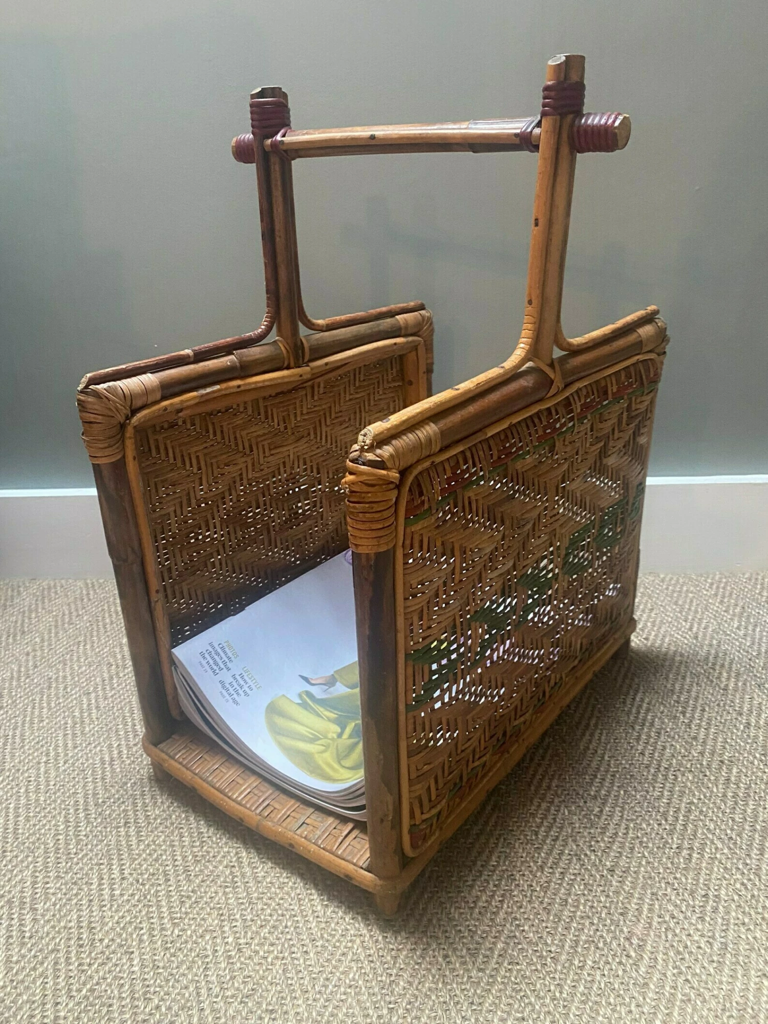 Rare Early 20th Century Rattan/Cane/Wicker Newspaper Rack/Wood Storage 7 Rare Early 20th Century Rattan/Cane/Wicker Newspaper Rack/Wood Storage - Image 7