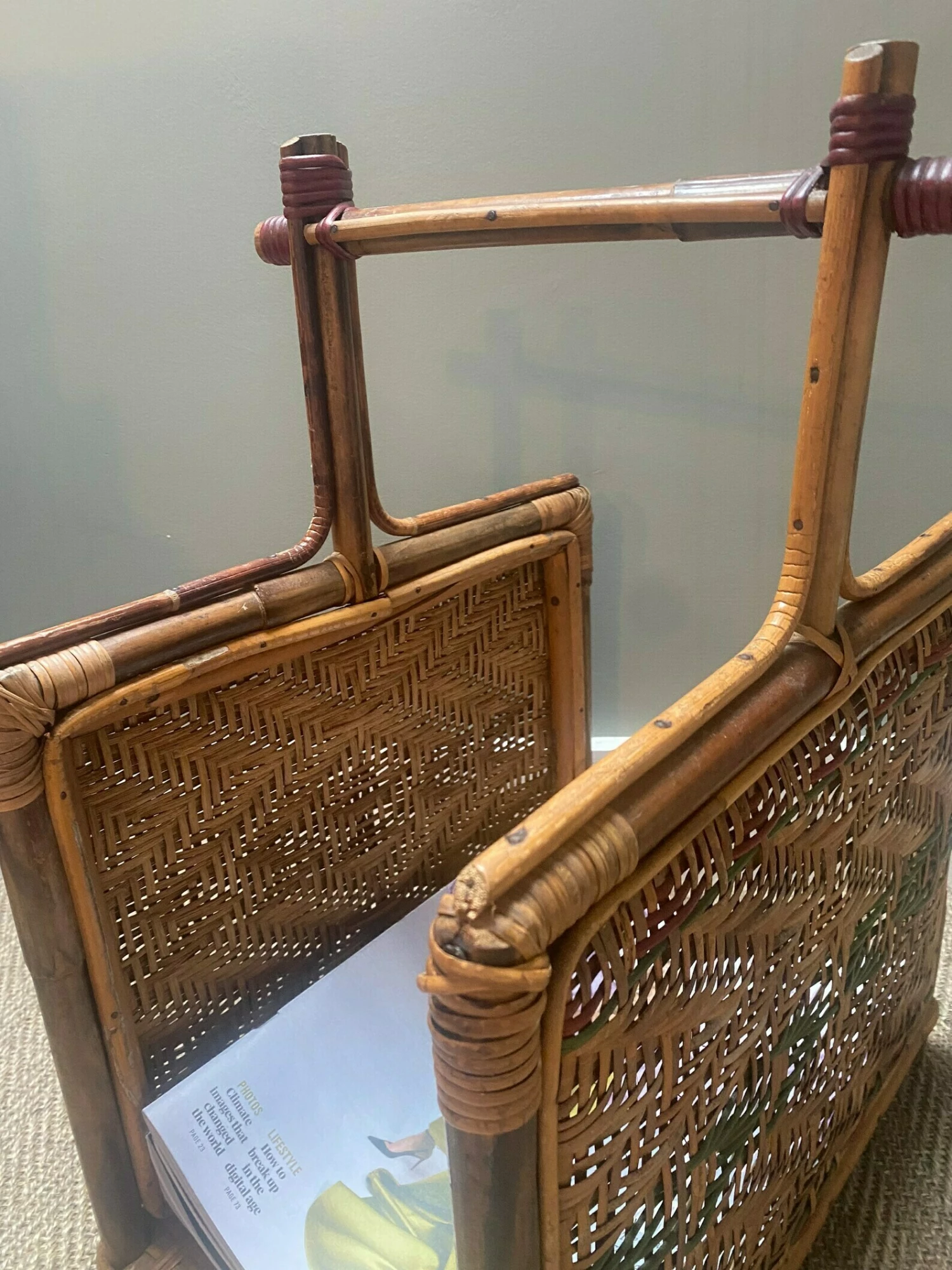 Rare Early 20th Century Rattan/Cane/Wicker Newspaper Rack/Wood Storage 10 Rare Early 20th Century Rattan/Cane/Wicker Newspaper Rack/Wood Storage - Image 10