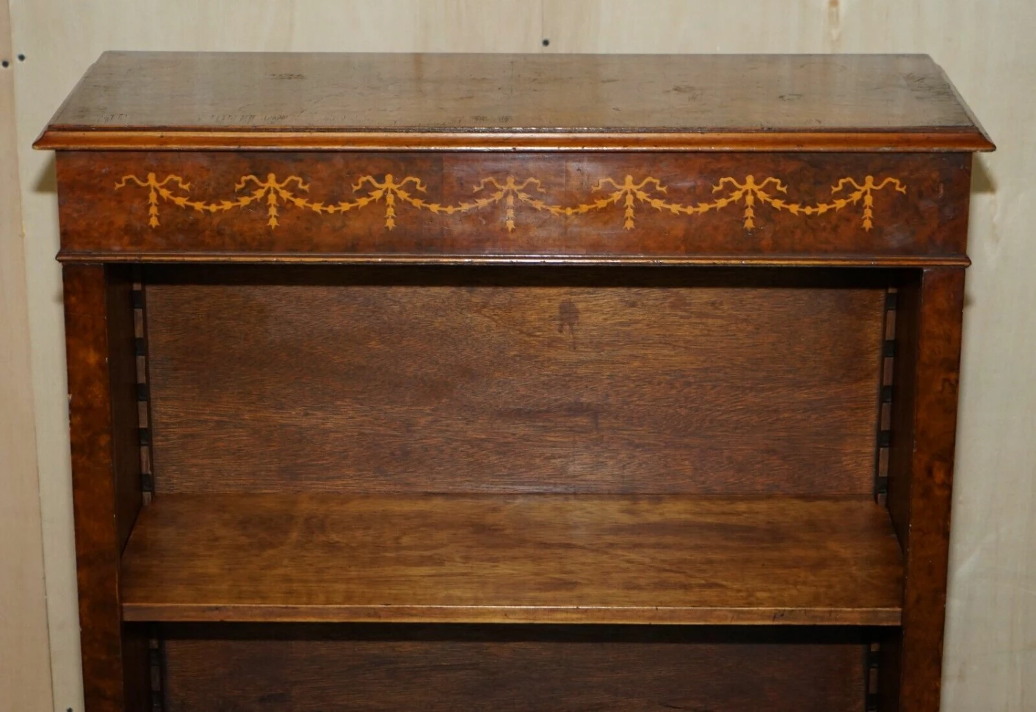 Unknown Sheraton Revival Burr Elm Walnut Inlay Dwarf Library Open Bookcase Bookshelf 2 Unknown Sheraton Revival Burr Elm Walnut Inlay Dwarf Library Open Bookcase Bookshelf - Image 2