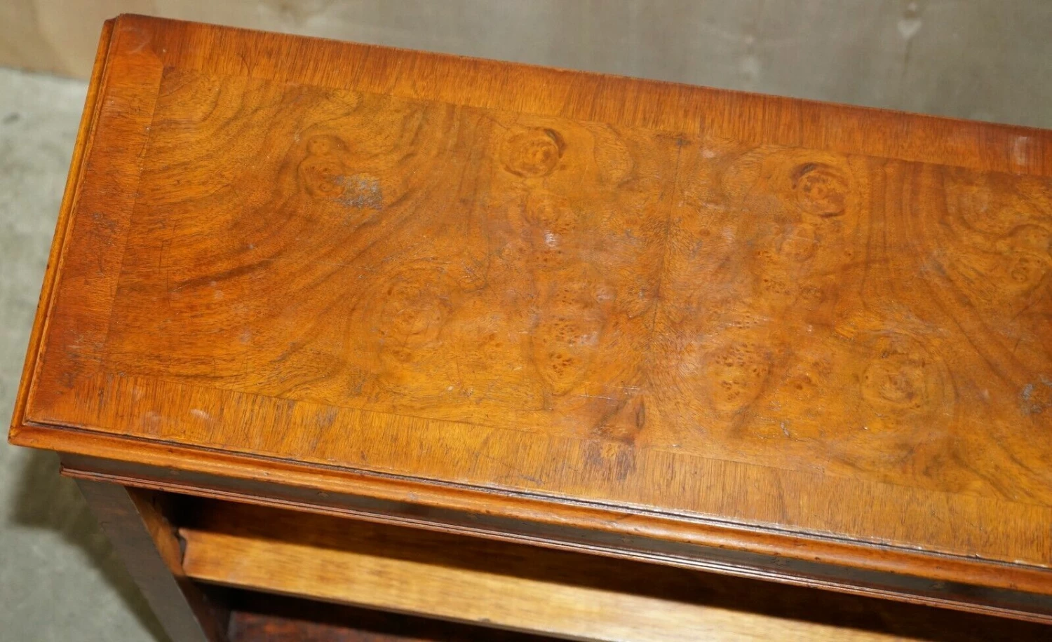 Unknown Sheraton Revival Burr Elm Walnut Inlay Dwarf Library Open Bookcase Bookshelf 5 Unknown Sheraton Revival Burr Elm Walnut Inlay Dwarf Library Open Bookcase Bookshelf - Image 5