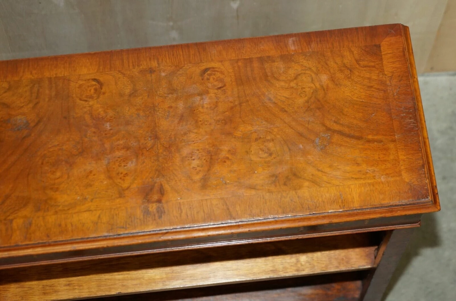 Unknown Sheraton Revival Burr Elm Walnut Inlay Dwarf Library Open Bookcase Bookshelf 6 Unknown Sheraton Revival Burr Elm Walnut Inlay Dwarf Library Open Bookcase Bookshelf - Image 6