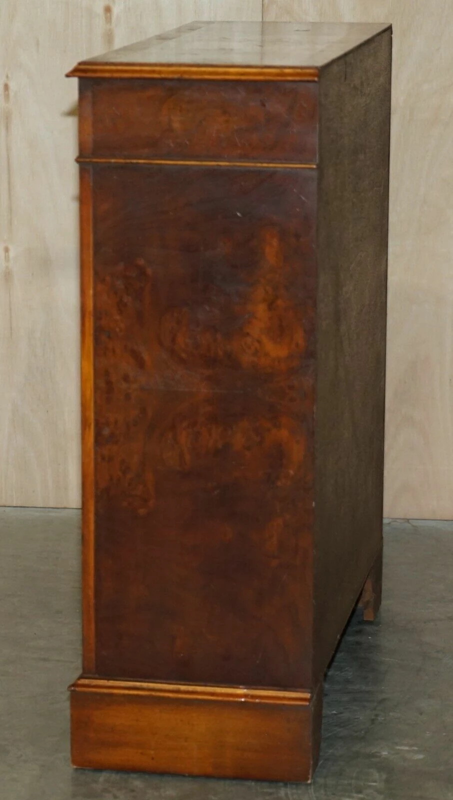 Unknown Sheraton Revival Burr Elm Walnut Inlay Dwarf Library Open Bookcase Bookshelf 8 Unknown Sheraton Revival Burr Elm Walnut Inlay Dwarf Library Open Bookcase Bookshelf - Image 8