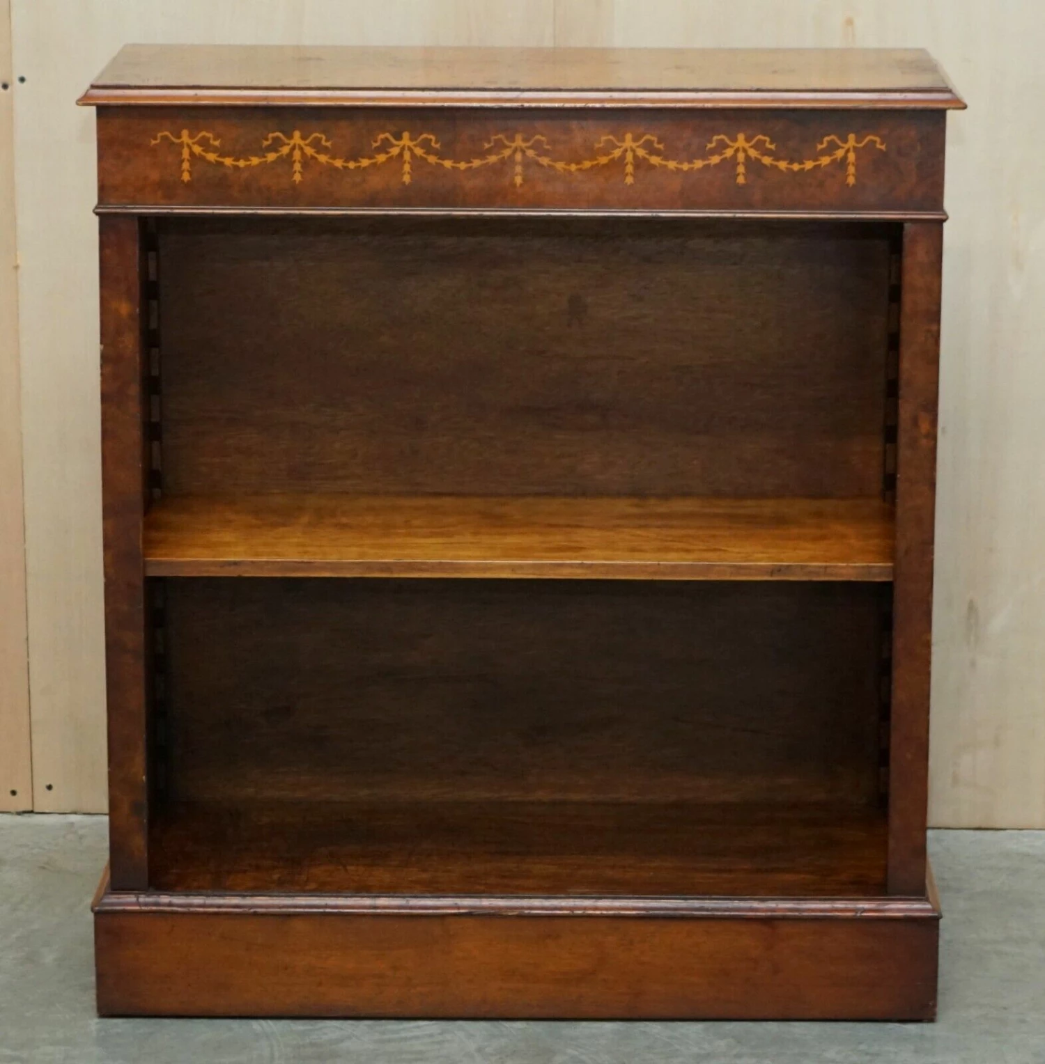 Unknown Sheraton Revival Burr Elm Walnut Inlay Dwarf Library Open Bookcase Bookshelf 1 Unknown Sheraton Revival Burr Elm Walnut Inlay Dwarf Library Open Bookcase Bookshelf