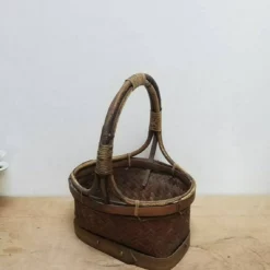 Small French Woven Market Basket Gathering Basket. 1950s Woven Basket Small Rustic Fruit Bowl. Rustic Kitchen Vegetable Basket