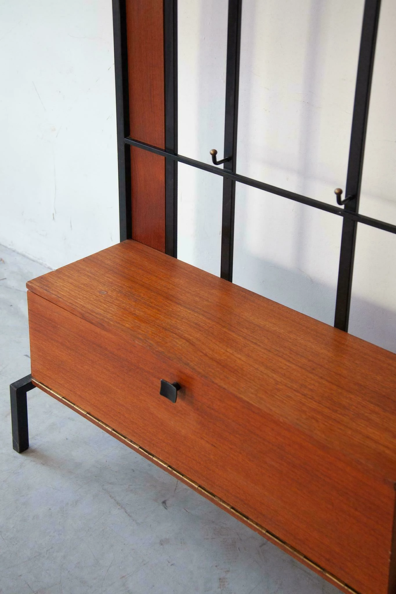 Teak Hall Coat Rack With Storage And Mirror 1960s Belgium 4 Teak Hall Coat Rack With Storage And Mirror 1960s Belgium - Image 4