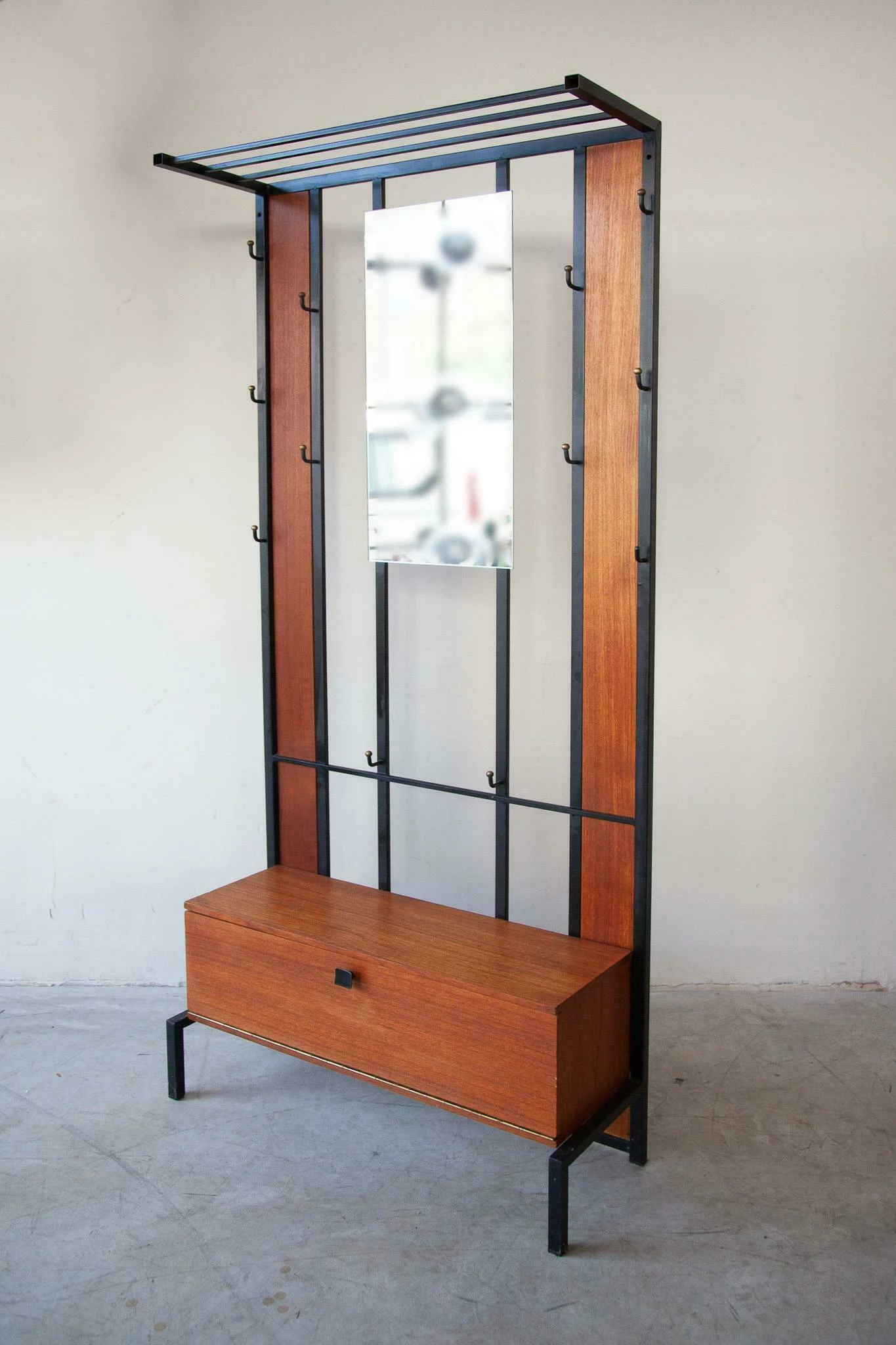 Teak Hall Coat Rack With Storage And Mirror 1960s Belgium 6 Teak Hall Coat Rack With Storage And Mirror 1960s Belgium - Image 6