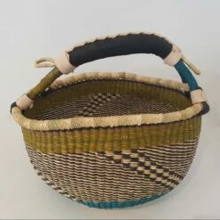 Traditional African Yellow And Blue Bolga Basket With Black Leather Handle -Storage Furniture Sales 2024 traditional african yellow and blue bolga basket with black leather handle 0 1