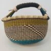 Traditional African Yellow And Blue Bolga Basket With Black Leather Handle