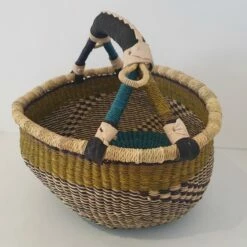 Traditional African Yellow And Blue Bolga Basket With Black Leather Handle -Storage Furniture Sales 2024 traditional african yellow and blue bolga basket with black leather handle 0 2