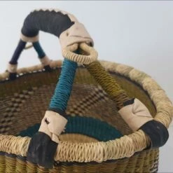 Traditional African Yellow And Blue Bolga Basket With Black Leather Handle -Storage Furniture Sales 2024 traditional african yellow and blue bolga basket with black leather handle 0 3