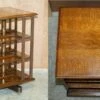 Very Rare Art Nouveau Oak & Sample Wood Inlaid Revolving Bookcase Side End Table