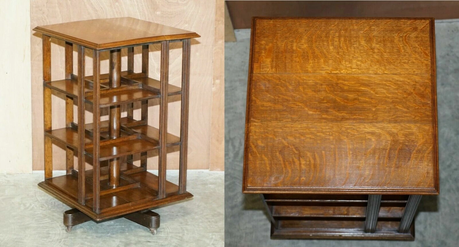 Very Rare Art Nouveau Oak & Sample Wood Inlaid Revolving Bookcase Side End Table 1 Very Rare Art Nouveau Oak & Sample Wood Inlaid Revolving Bookcase Side End Table