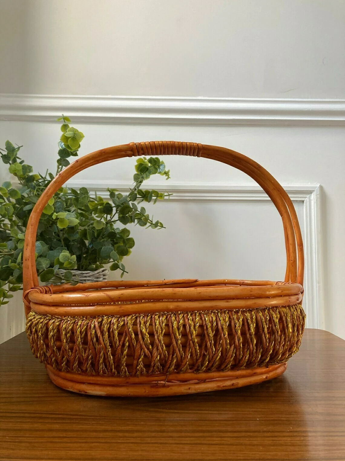 Vintage Bamboo Basket, Woven Vintage Basket, Rustic Cottagecore Storage Basket, Gold String And Bamboo Basket, Boho Basket - Image 6