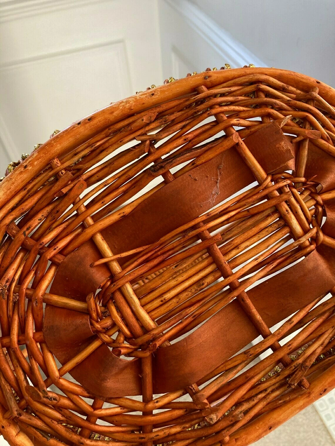 Vintage Bamboo Basket, Woven Vintage Basket, Rustic Cottagecore Storage Basket, Gold String And Bamboo Basket, Boho Basket - Image 10