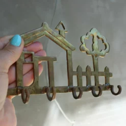 Unknown Vintage Brass Key Hanger Entryway Wall Hanger House And Tree Jewelry Hanger