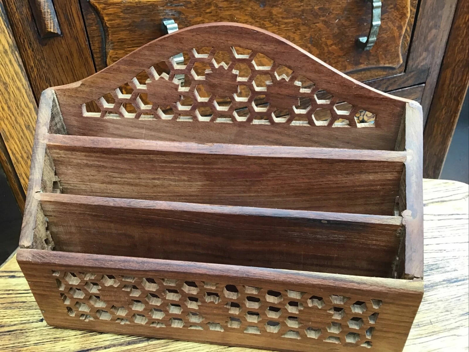 Vintage Carved Reticulated Wooden Letter Rack. India 2 Vintage Carved Reticulated Wooden Letter Rack. India - Image 2