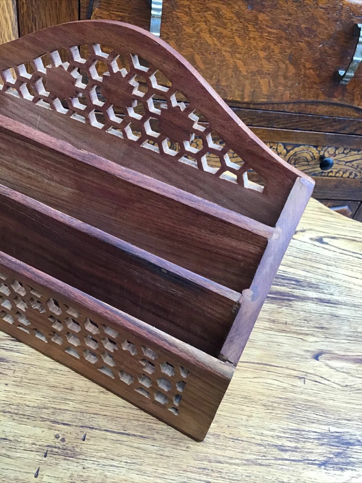 Vintage Carved Reticulated Wooden Letter Rack. India 11 Vintage Carved Reticulated Wooden Letter Rack. India - Image 11