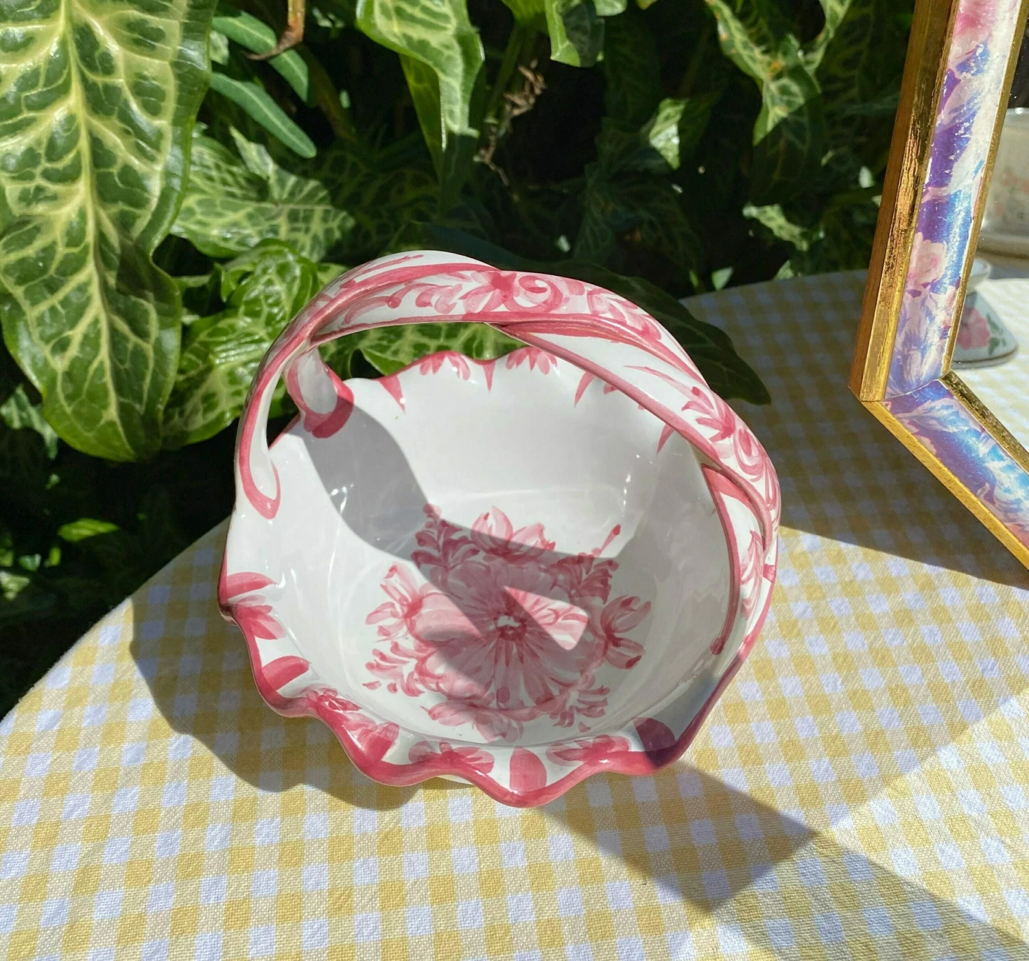 Unknown Vintage Ceramic Decorative Basket | White & Pink Floral Design | - Image 2