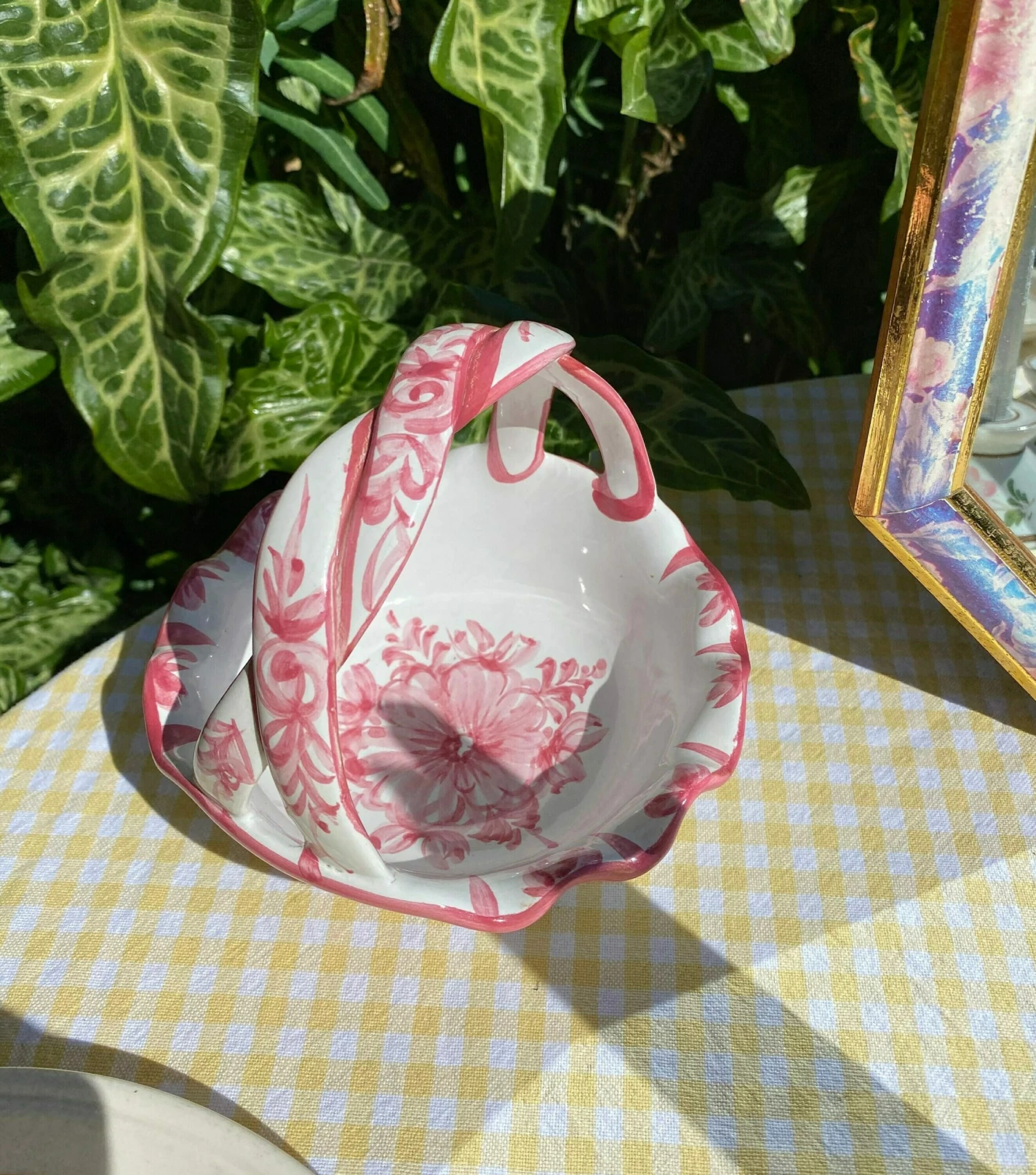 Unknown Vintage Ceramic Decorative Basket | White & Pink Floral Design | - Image 5