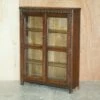 Vintage Circa 1940's English Oak Jacobean Revival Glazed Door Library Bookcase
