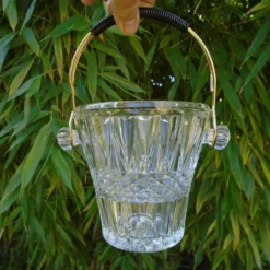 Vintage French Art Deco Pressed Glass Ice Bucket, Gold And Black Handle, Small Ice Cooler