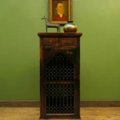 Vintage Indian Narrow Cabinet With Metal Grill