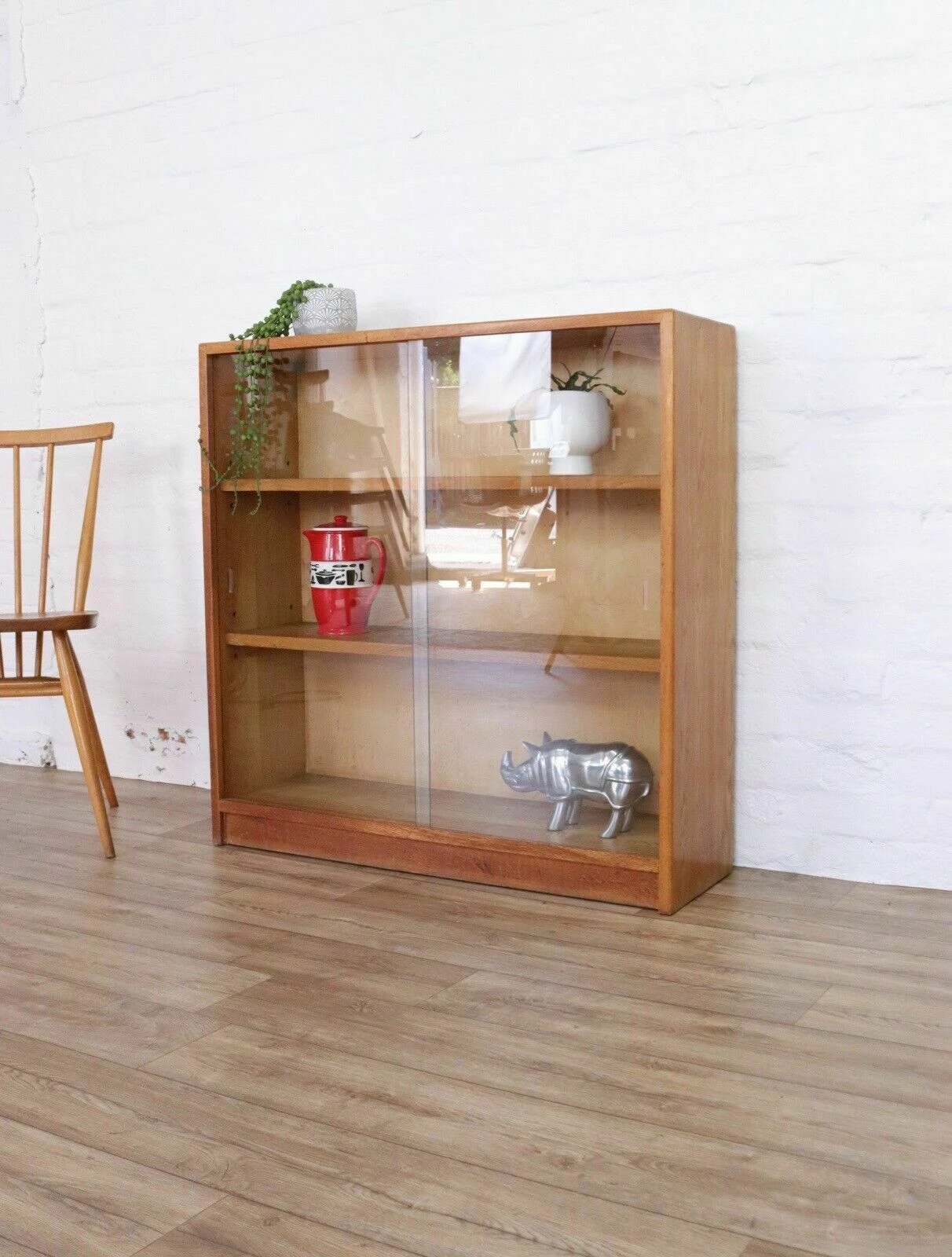 Vintage Light Oak Glazed Display Bookcase Cabinet Mid Century Storage 50s 3 Vintage Light Oak Glazed Display Bookcase Cabinet Mid Century Storage 50s - Image 3
