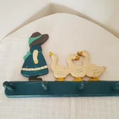 Vintage Wall Hanger 4 Hooks German Wooden Hand Painted Coat Hanger Wall Panel